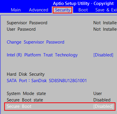 㕔̃j[uSecurityvɕύXA\ꂽuSecure Bootv܂ňړAuEntervL[܂B