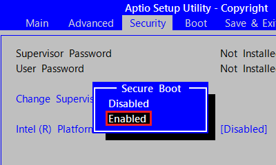 uSecure BootṽbZ[W\܂BuEnabledvɕύXAuEntervL[܂B