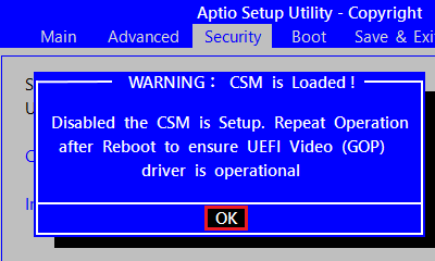 uWARNINGF CSM is Loaded!ṽbZ[W\ꂽꍇ́AuOKvIĂ邱ƂmFāAuEntervL[܂B