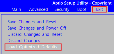 㕔̃j[ɂuExitv^bvA\ꂽuLoad Optimized Defaultsv^bv܂B