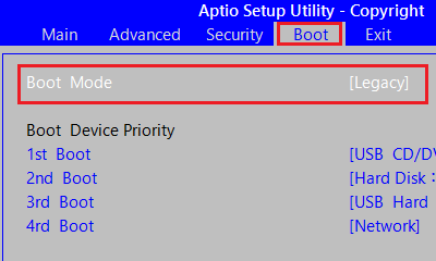 㕔̃j[ɂuBootv^bvAuBoot Modev̉EɂuLegacyv^bv܂B