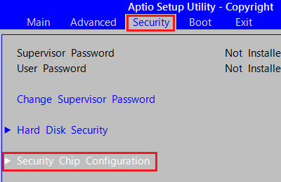 㕔̃j[ɂuSecurityv^bvAuSecurity Chip Configurationv^bv܂B