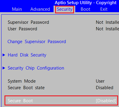㕔̃j[uSecurityv́AuSecure Bootv^bv܂B