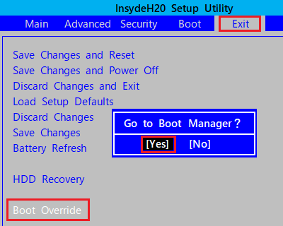 㕔uExitv́uBoot OverridevŁuEnterv܂B